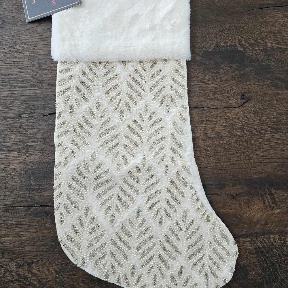 Christian Siriano Pearl Silver White Fur Beaded Luxury Christmas Stocking 22"